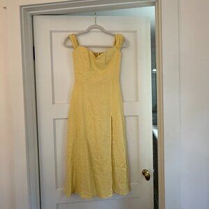 Reformation Yellow Ruched Off the Shoulder Midi Dress